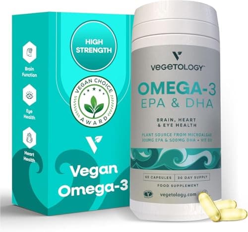 VEGETOLOGY Vegan Omega 3 Supplement (60 Capsules) – Omega-3, EPA, Vitamin D3 & DHA Supplements - Algae Omega 3 Vegan Supplements for Brain, Eye, & Heart Health – Omega 3 for Kids & Adults