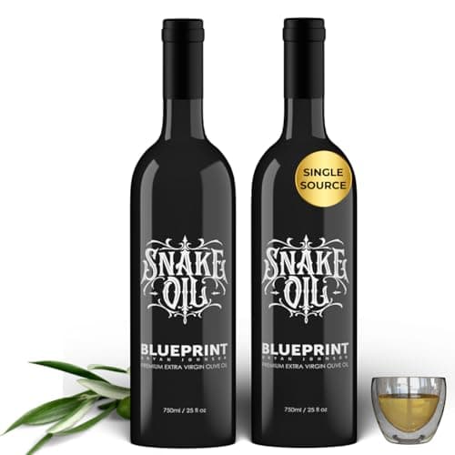 Blueprint by Bryan Johnson Olive Oil - Snake Oil- High Polyphenol Extra Virgin Olive Oil (400+ mg/kg) - Cold Pressed, Early Harvest, First Cold Press EVOO - Keto, Paleo, Non-GMO - 2 Pack - 750ml Glass Bottle