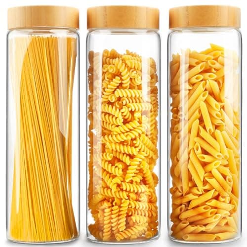Glass Jars with Airtight Lid,Glass Jar with Bamboo Lid,Glass Canisters with Airtight Lids, 3 Pack 80oz Glass Cereal Containers Storage,Glass Cookie Jars,Pasta Containers,Screw On Kitchen Jars